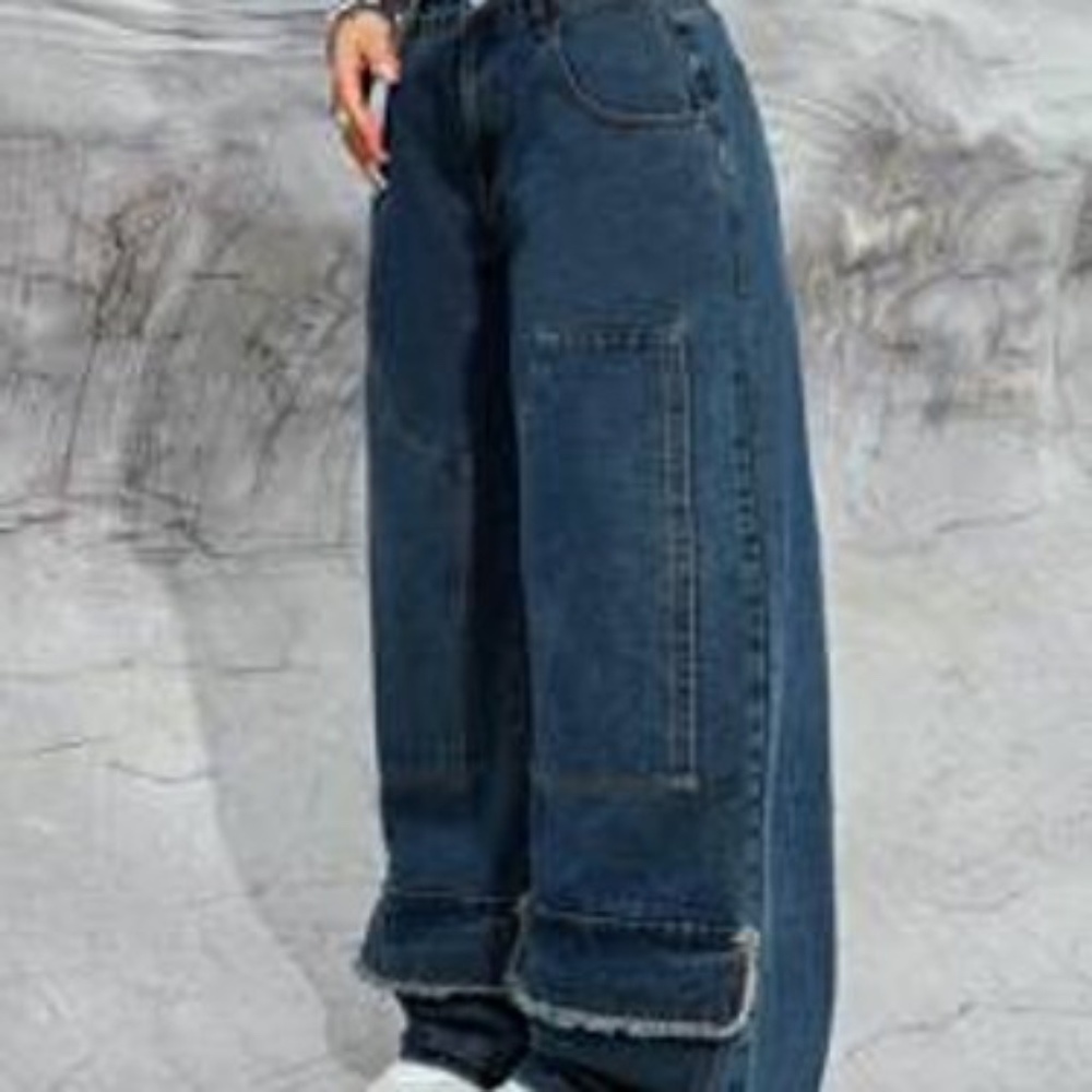 SHEIN ICON Women's Raw Trim Flap Detail Denim Wide Leg Pants Baggy Jeans
